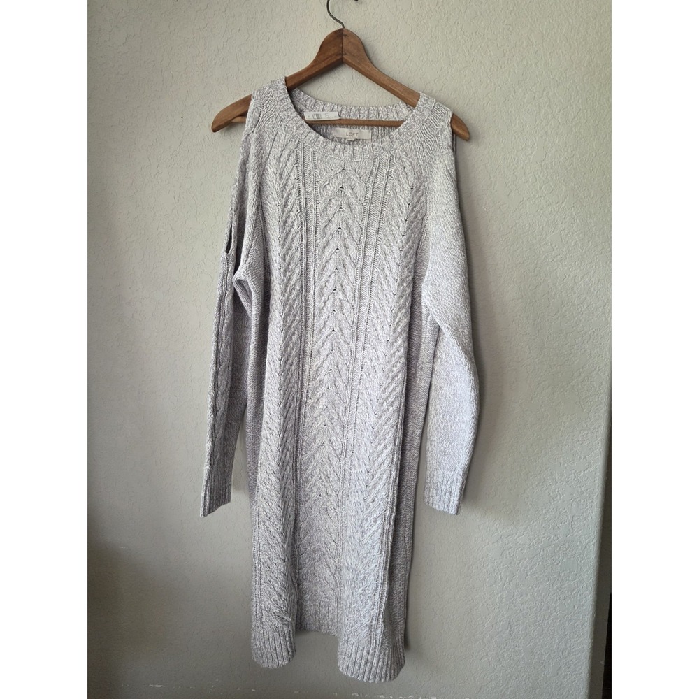 Womens Loft XL Tall GRAY‎ CABLE KNIT SWEATER DRESS Open Cold Shoulder NEW